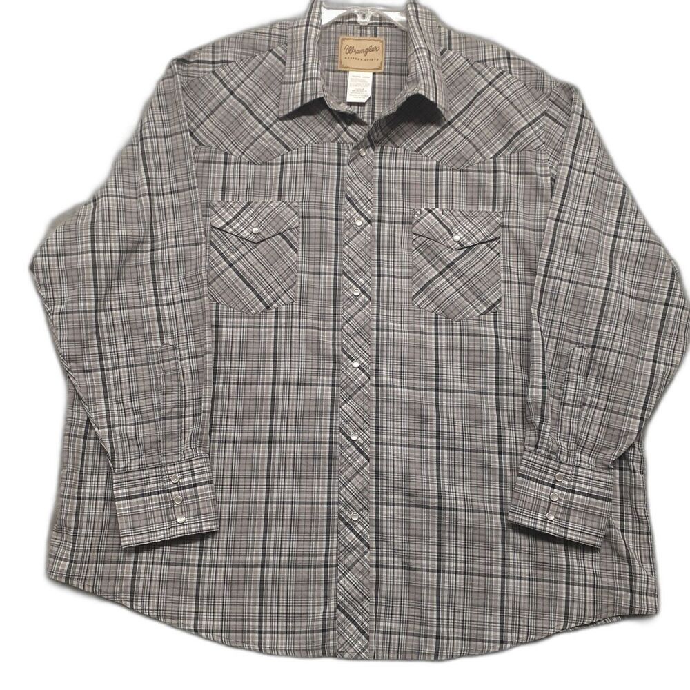 Wrangler Mens 2XL Western Pearl Snap Long Sleeve Gray Plaid Dress Shirt Outdoor